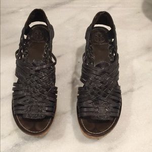 Tory Burch Brown Woven Leather Wedge Sandals